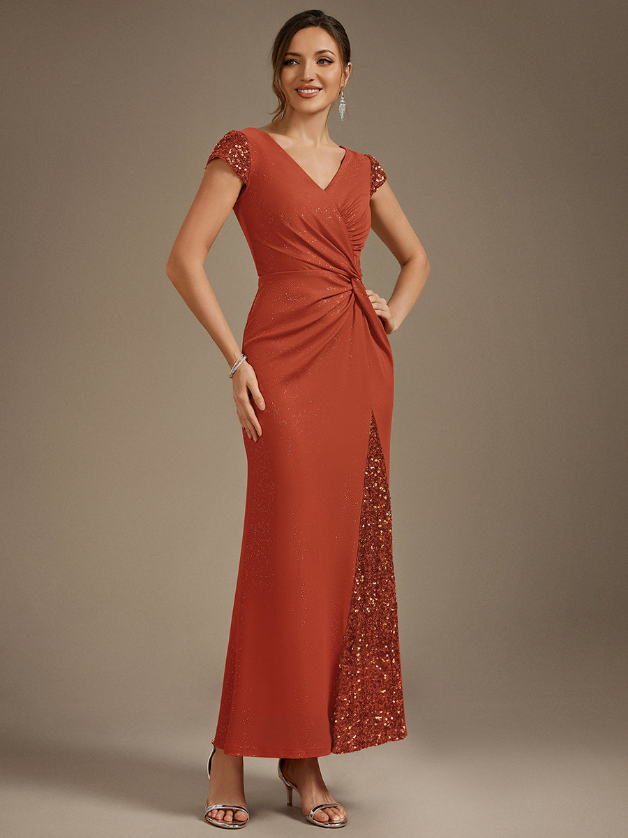 Bodenlanger V-Ausschnitt Bodycon Strickkleid Mit Geknotetem Pailletten Patchwork Glitzer Details Kleid #Farbe_Gebranntes Orange