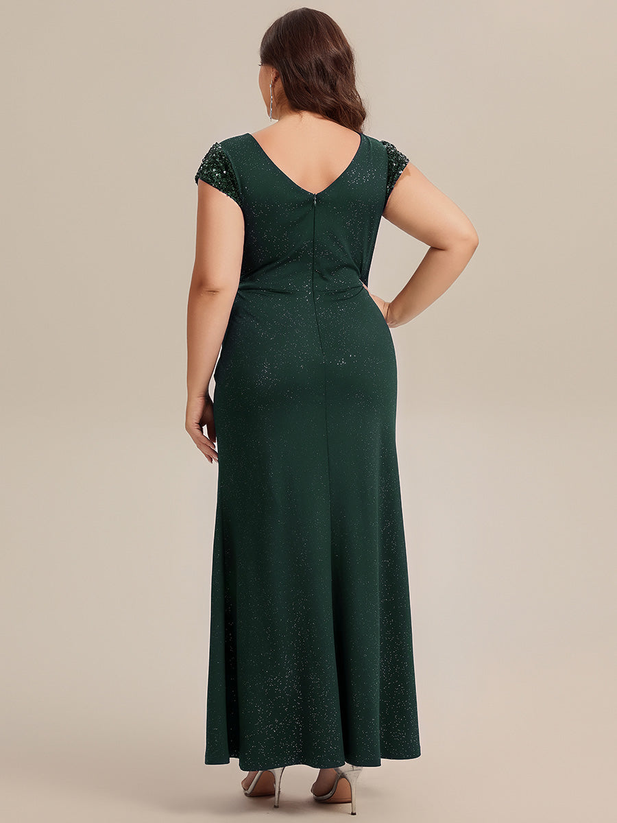 Bodenlanger V-Ausschnitt Bodycon Strickkleid Mit Geknotetem Pailletten Patchwork Glitzer Details Kleid #Farbe_Dunkelgrün