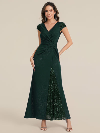 Bodenlanger V-Ausschnitt Bodycon Strickkleid Mit Geknotetem Pailletten Patchwork Glitzer Details Kleid #Farbe_Dunkelgrün