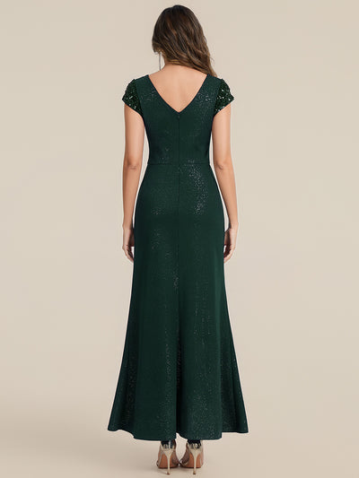 Bodenlanger V-Ausschnitt Bodycon Strickkleid Mit Geknotetem Pailletten Patchwork Glitzer Details Kleid #Farbe_Dunkelgrün