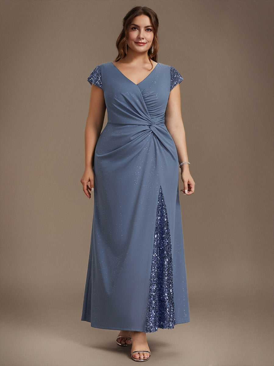 Bodenlanger V-Ausschnitt Bodycon Strickkleid Mit Geknotetem Pailletten Patchwork Glitzer Details Kleid #Farbe_Taubenblau