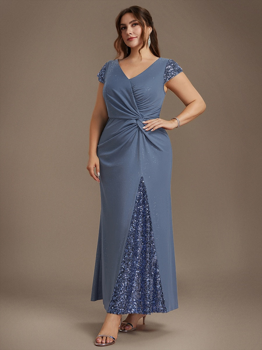Bodenlanger V-Ausschnitt Bodycon Strickkleid Mit Geknotetem Pailletten Patchwork Glitzer Details Kleid #Farbe_Taubenblau
