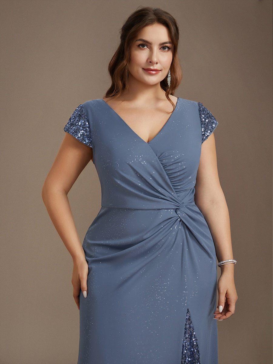 Bodenlanger V-Ausschnitt Bodycon Strickkleid Mit Geknotetem Pailletten Patchwork Glitzer Details Kleid #Farbe_Taubenblau