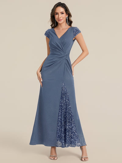 Bodenlanger V-Ausschnitt Bodycon Strickkleid Mit Geknotetem Pailletten Patchwork Glitzer Details Kleid #Farbe_Taubenblau