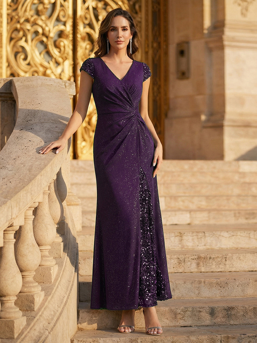 Bodenlanger V-Ausschnitt Bodycon Strickkleid Mit Geknotetem Pailletten Patchwork Glitzer Details Kleid #Farbe_Dunkelviolett