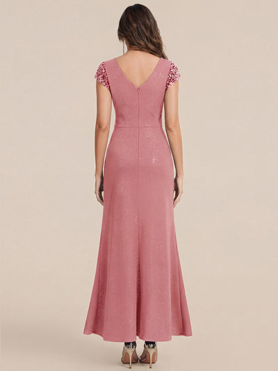 Bodenlanger V-Ausschnitt Bodycon Strickkleid Mit Geknotetem Pailletten Patchwork Glitzer Details Kleid #Farbe_Altrosa