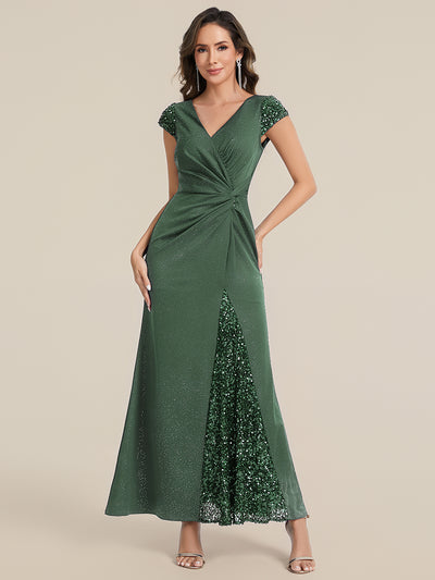 Bodenlanger V-Ausschnitt Bodycon Strickkleid Mit Geknotetem Pailletten Patchwork Glitzer Details Kleid #Farbe_Eukalyptus