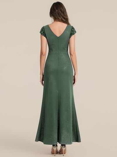Bodenlanger V-Ausschnitt Bodycon Strickkleid Mit Geknotetem Pailletten Patchwork Glitzer Details Kleid #Farbe_Eukalyptus