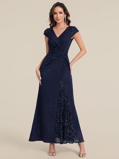 Bodenlanger V-Ausschnitt Bodycon Strickkleid Mit Geknotetem Pailletten Patchwork Glitzer Details Kleid #Farbe_Marineblau