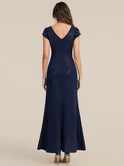 Bodenlanger V-Ausschnitt Bodycon Strickkleid Mit Geknotetem Pailletten Patchwork Glitzer Details Kleid #Farbe_Marineblau