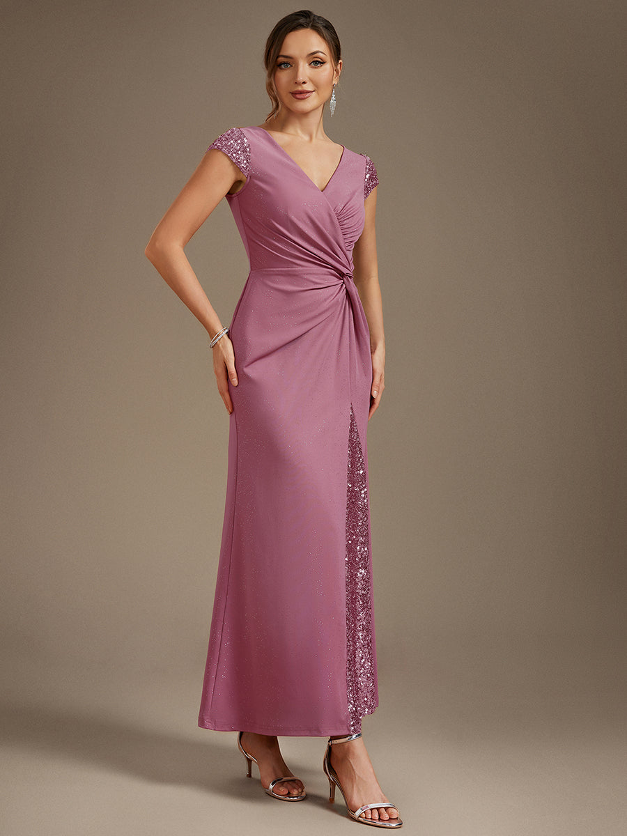 Bodenlanger V-Ausschnitt Bodycon Strickkleid Mit Geknotetem Pailletten Patchwork Glitzer Details Kleid #Farbe_Orchideenviolett