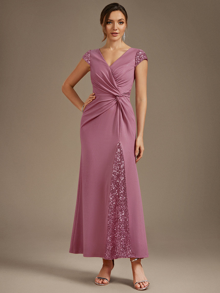 Bodenlanger V-Ausschnitt Bodycon Strickkleid Mit Geknotetem Pailletten Patchwork Glitzer Details Kleid #Farbe_Orchideenviolett