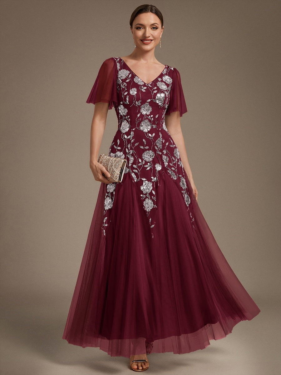 Bodenlanger V-Ausschnitt A-Linie Pailletten Kleid Mit Patchwork Und Funkelnden Details #Farbe_Burgunderrot