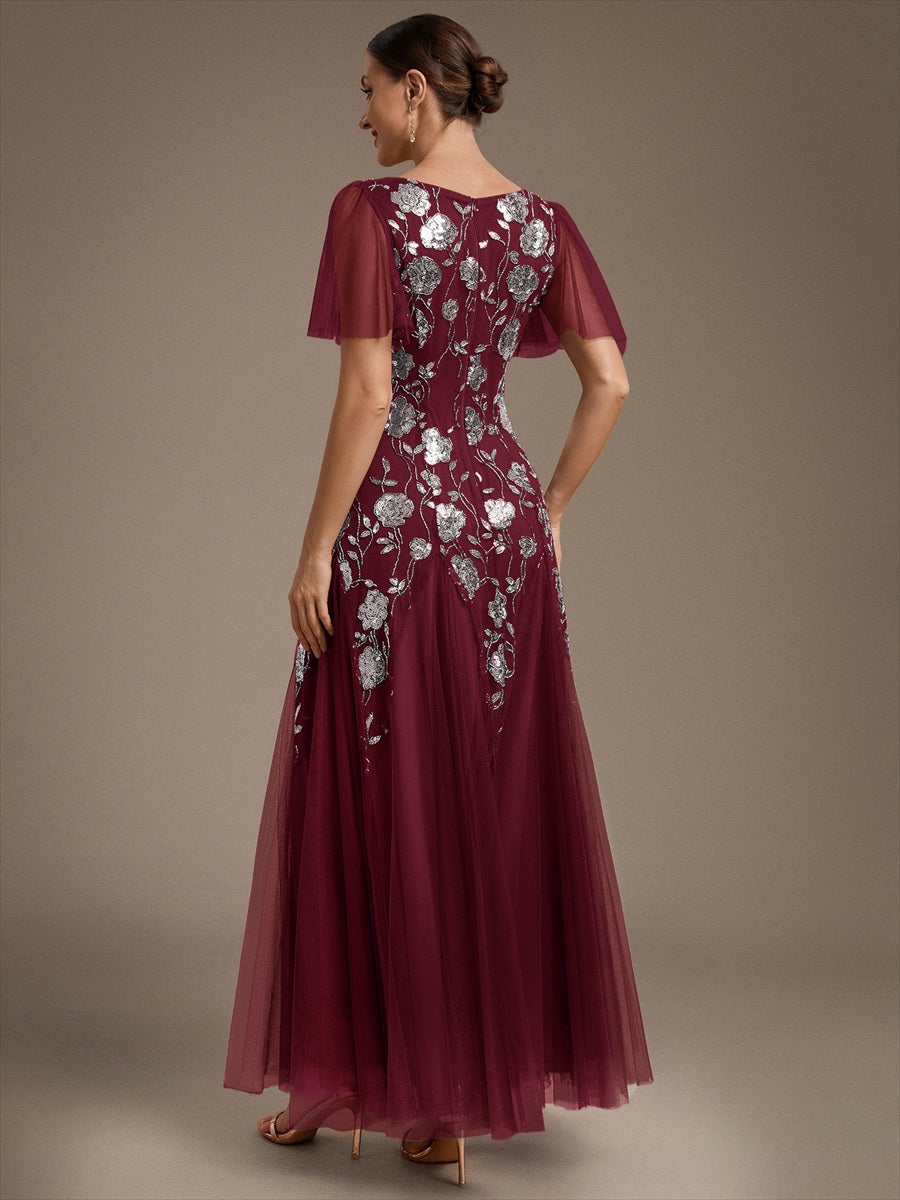 Bodenlanger V-Ausschnitt A-Linie Pailletten Kleid Mit Patchwork Und Funkelnden Details #Farbe_Burgunderrot