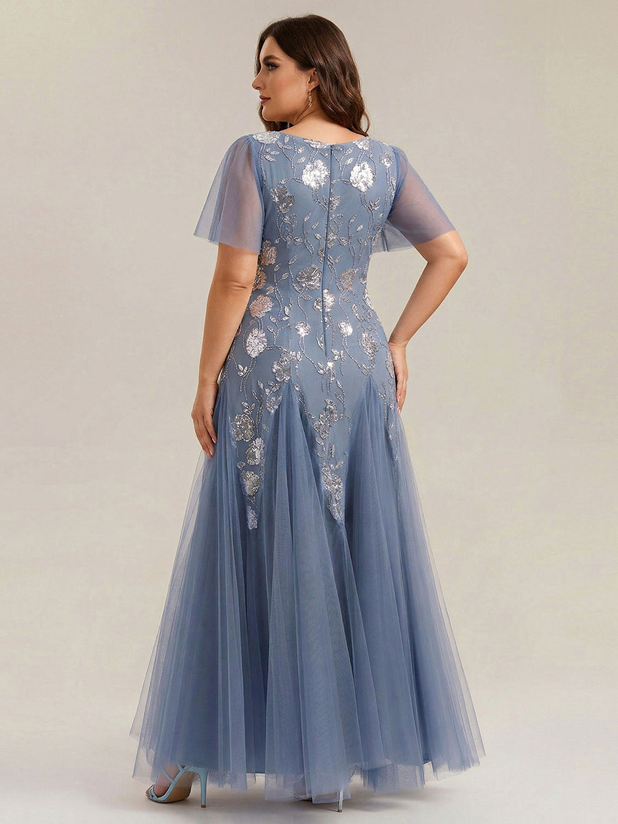 Bodenlanger V-Ausschnitt A-Linie Pailletten Kleid Mit Patchwork Und Funkelnden Details #Farbe_Taubenblau