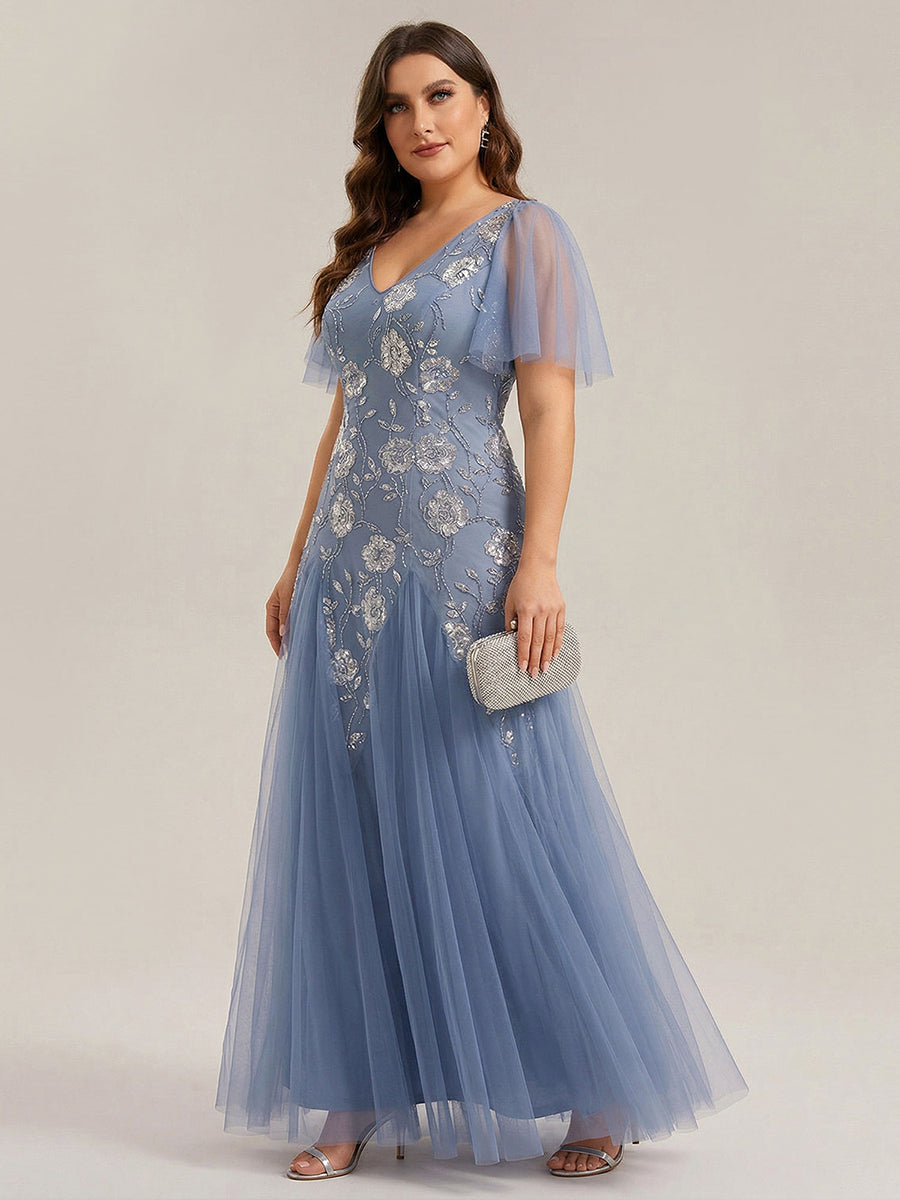 Bodenlanger V-Ausschnitt A-Linie Pailletten Kleid Mit Patchwork Und Funkelnden Details #Farbe_Taubenblau