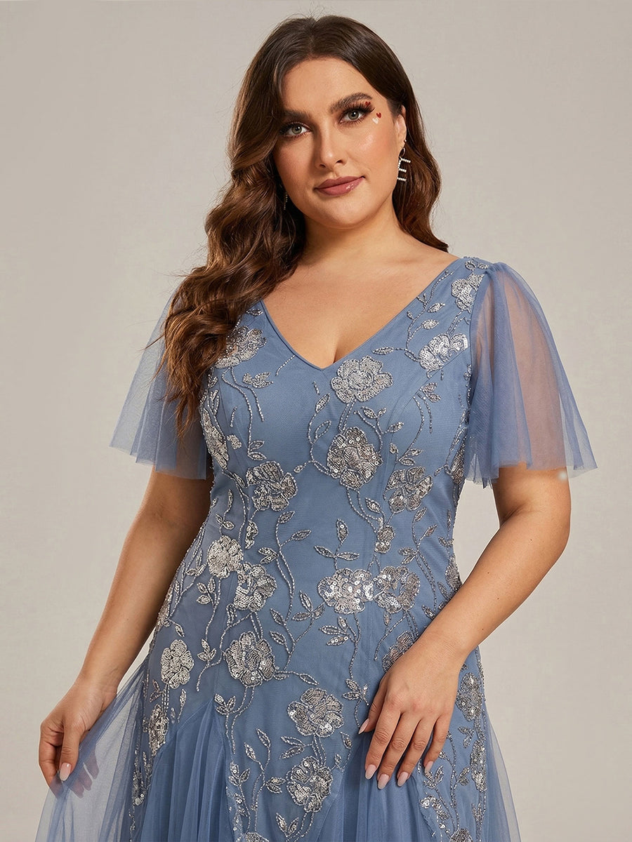 Bodenlanger V-Ausschnitt A-Linie Pailletten Kleid Mit Patchwork Und Funkelnden Details #Farbe_Taubenblau