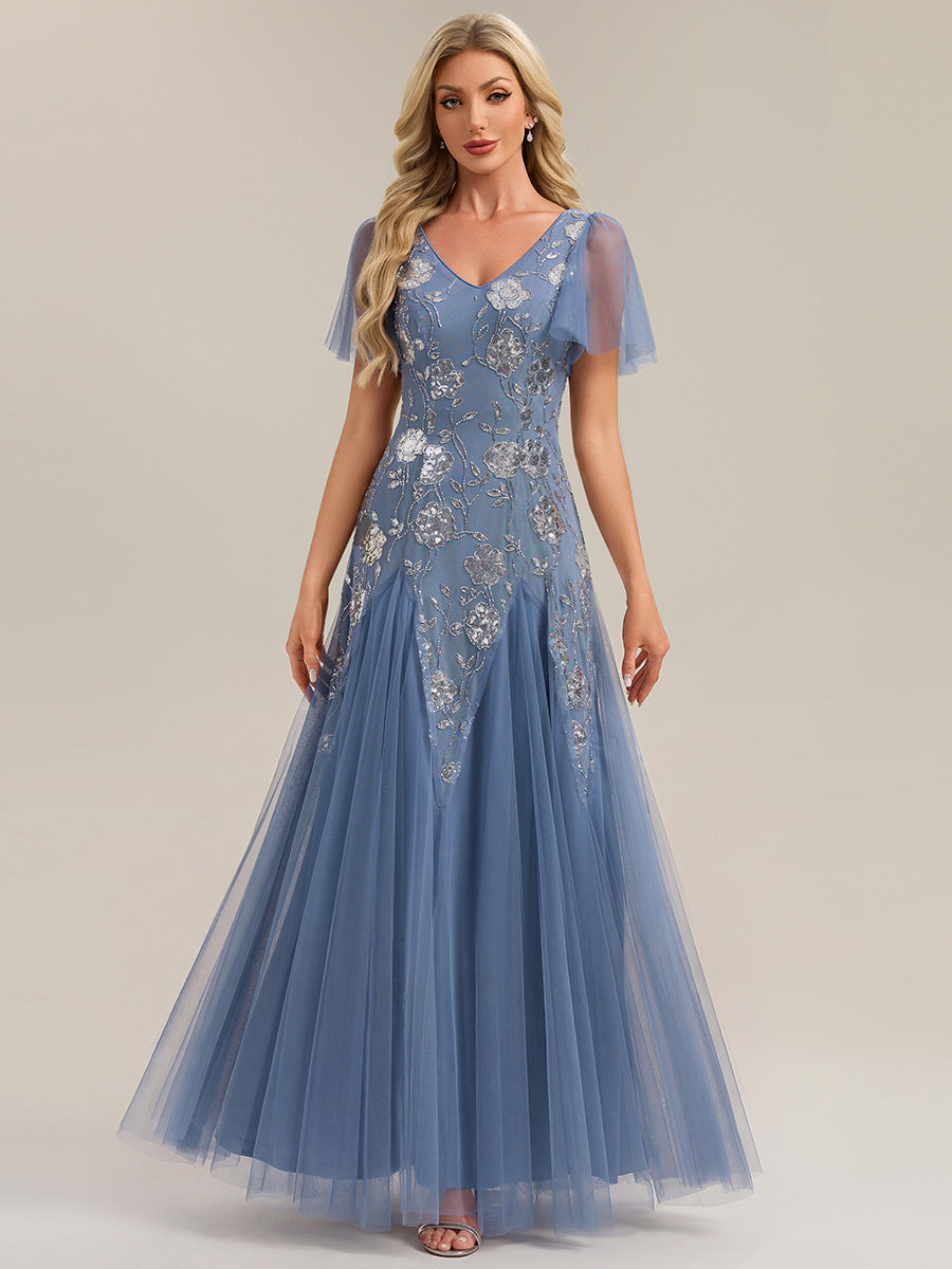 Bodenlanger V-Ausschnitt A-Linie Pailletten Kleid Mit Patchwork Und Funkelnden Details #Farbe_Taubenblau