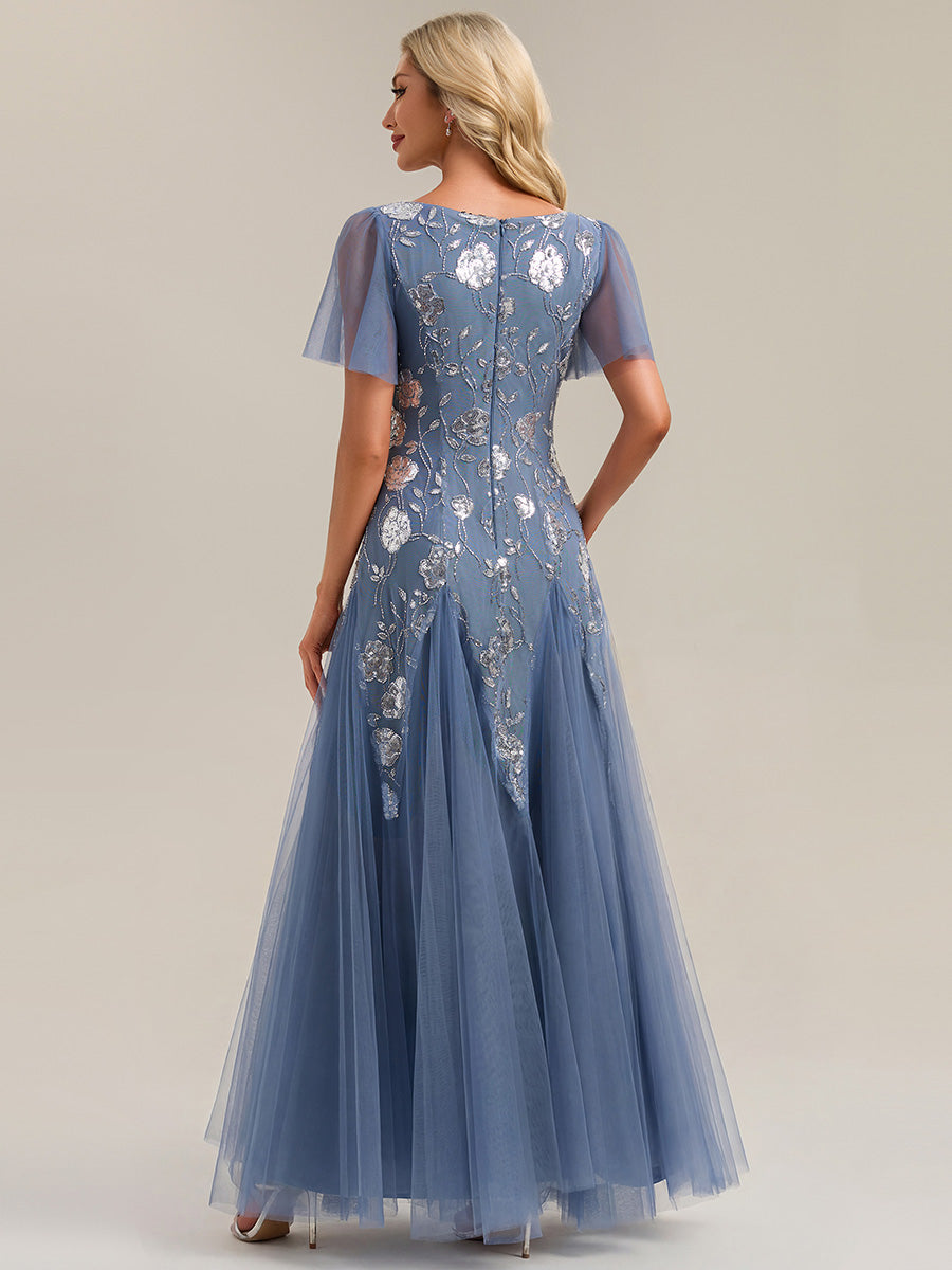Bodenlanger V-Ausschnitt A-Linie Pailletten Kleid Mit Patchwork Und Funkelnden Details #Farbe_Taubenblau