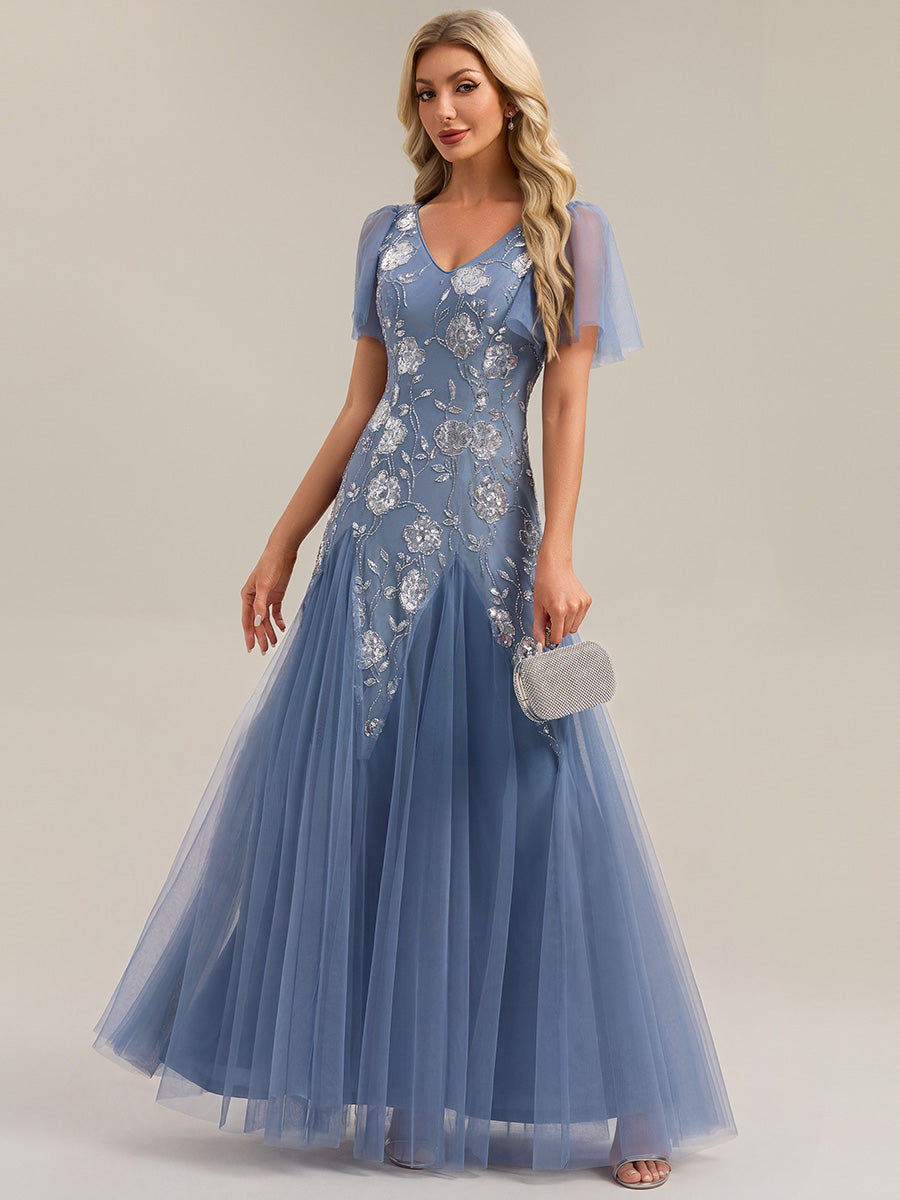 Bodenlanger V-Ausschnitt A-Linie Pailletten Kleid Mit Patchwork Und Funkelnden Details #Farbe_Taubenblau