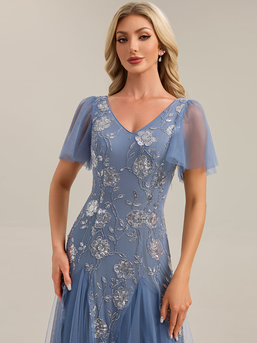 Bodenlanger V-Ausschnitt A-Linie Pailletten Kleid Mit Patchwork Und Funkelnden Details #Farbe_Taubenblau