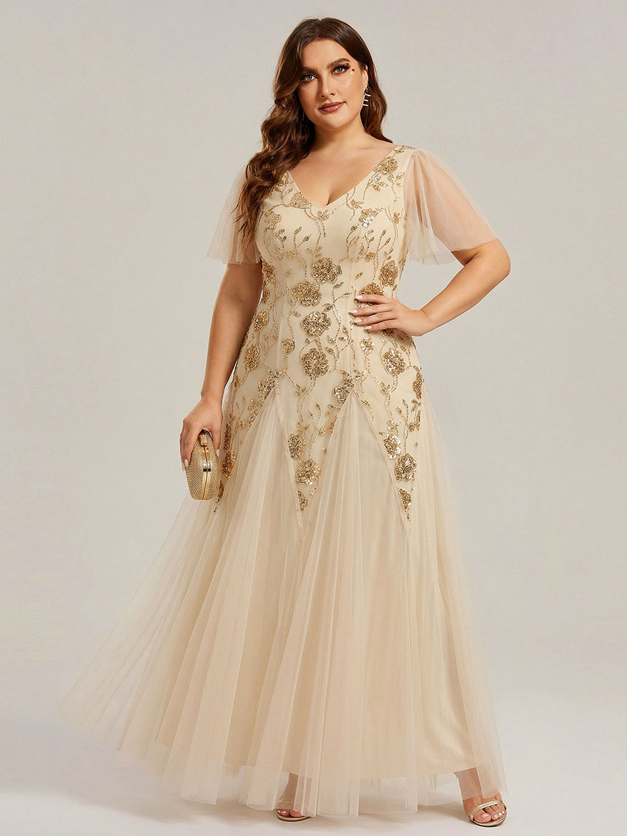 Bodenlanger V-Ausschnitt A-Linie Pailletten Kleid Mit Patchwork Und Funkelnden Details #Farbe_Gold