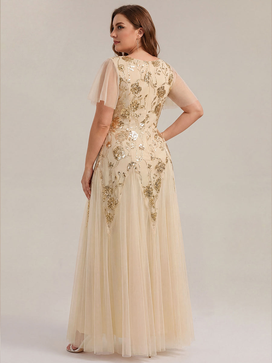 Bodenlanger V-Ausschnitt A-Linie Pailletten Kleid Mit Patchwork Und Funkelnden Details #Farbe_Gold