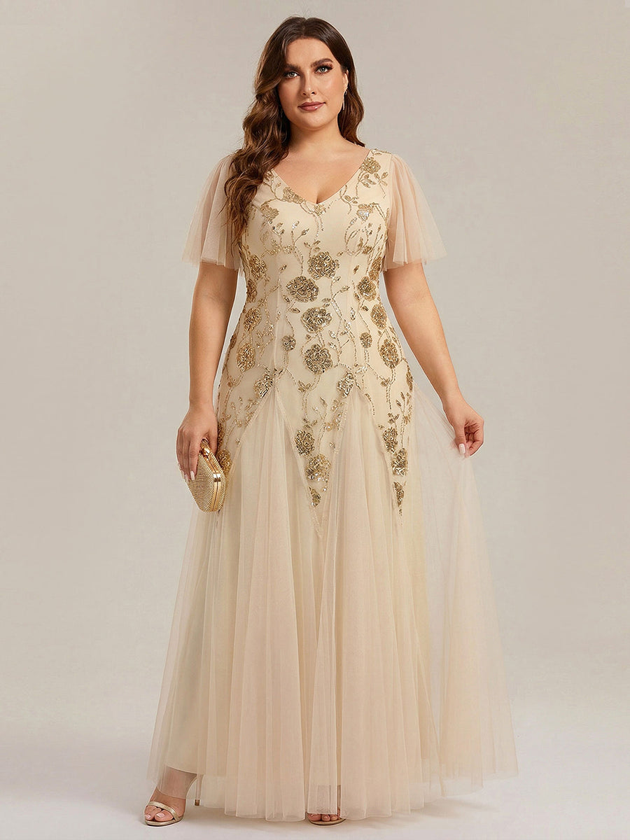 Bodenlanger V-Ausschnitt A-Linie Pailletten Kleid Mit Patchwork Und Funkelnden Details #Farbe_Gold