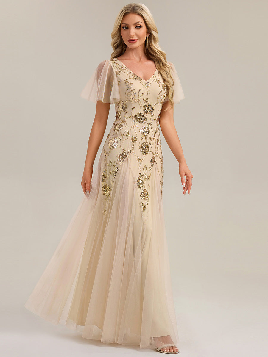 Bodenlanger V-Ausschnitt A-Linie Pailletten Kleid Mit Patchwork Und Funkelnden Details #Farbe_Gold