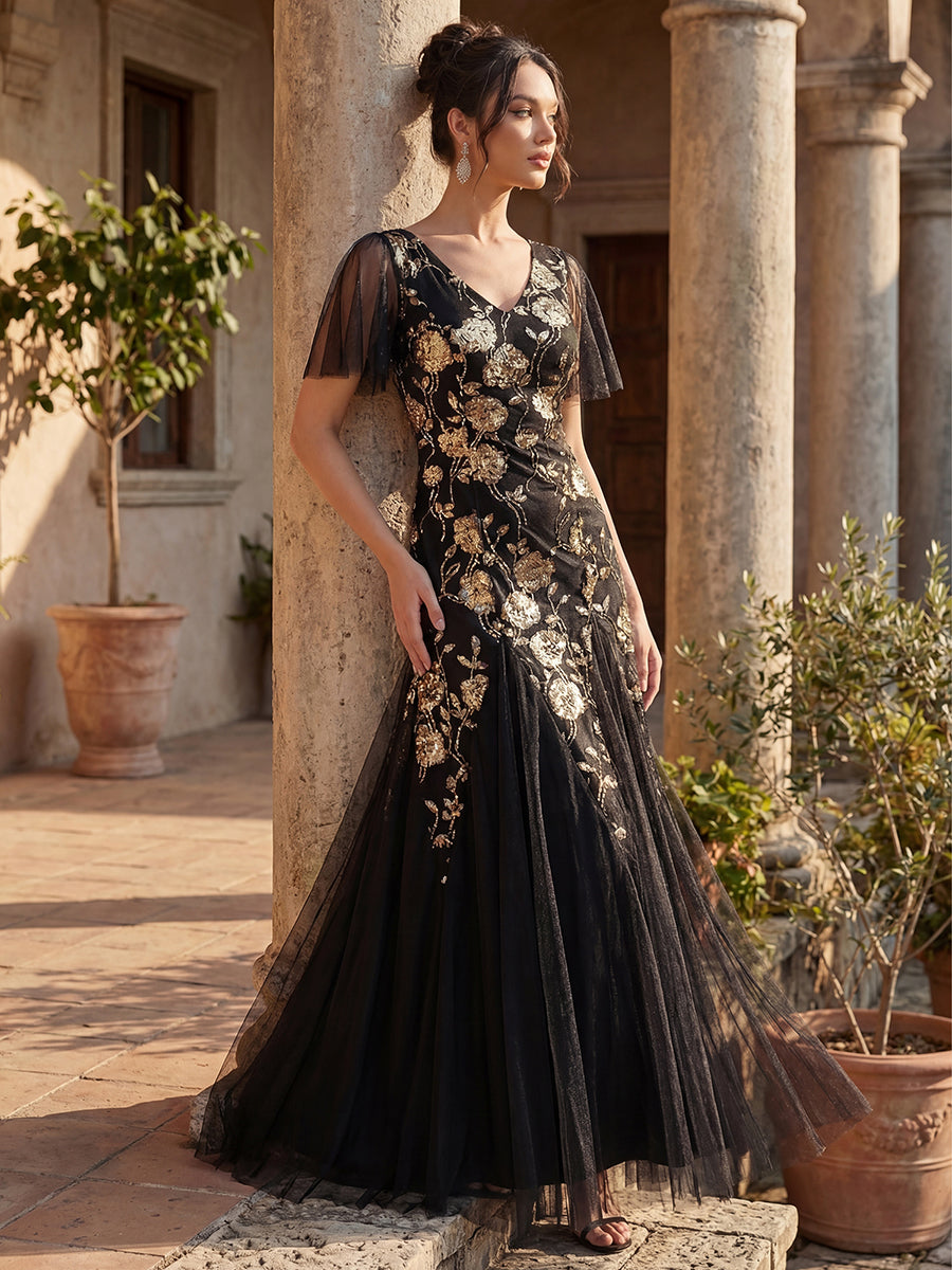 Bodenlanger V-Ausschnitt A-Linie Pailletten Kleid Mit Patchwork Und Funkelnden Details #Farbe_Schwarz & Gold