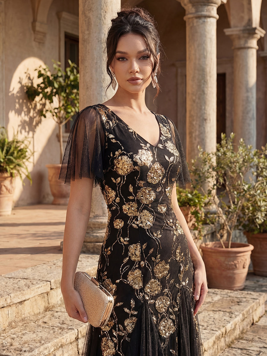Bodenlanger V-Ausschnitt A-Linie Pailletten Kleid Mit Patchwork Und Funkelnden Details #Farbe_Schwarz & Gold