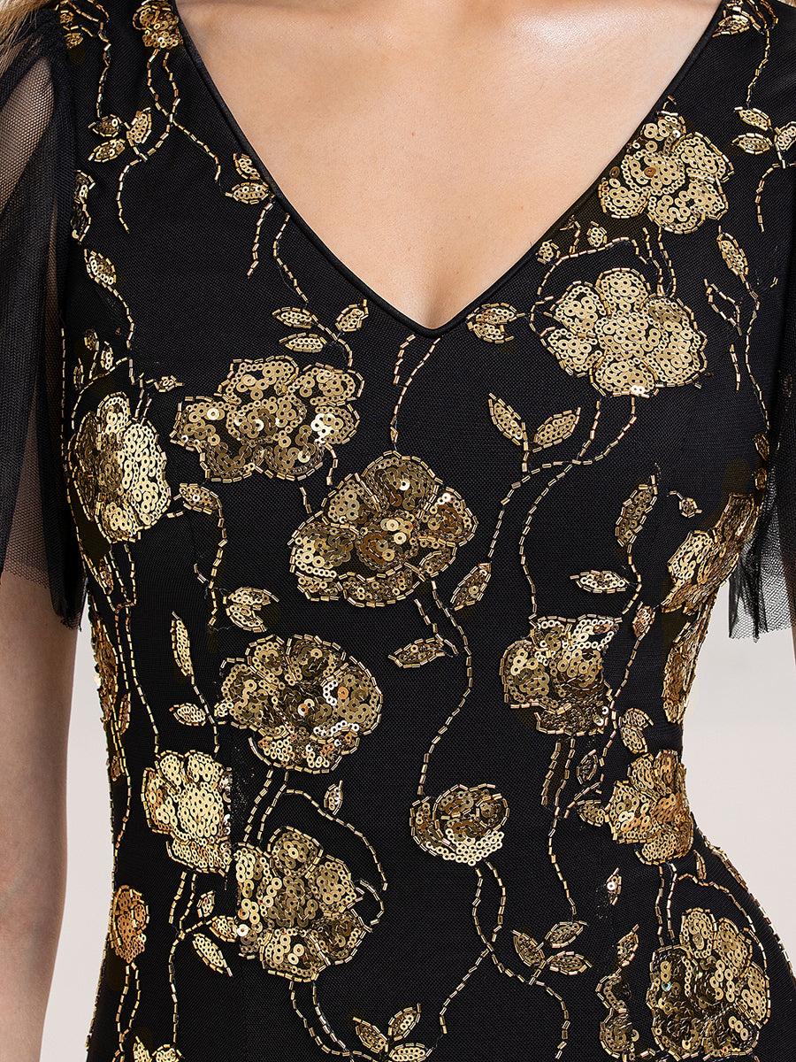 Bodenlanger V-Ausschnitt A-Linie Pailletten Kleid Mit Patchwork Und Funkelnden Details #Farbe_Schwarz & Gold