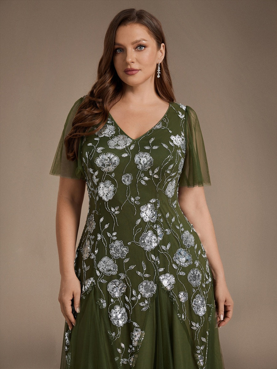 Bodenlanger V-Ausschnitt A-Linie Pailletten Kleid Mit Patchwork Und Funkelnden Details #Farbe_Olivgrün