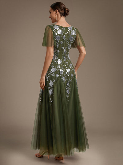 Bodenlanger V-Ausschnitt A-Linie Pailletten Kleid Mit Patchwork Und Funkelnden Details #Farbe_Olivgrün