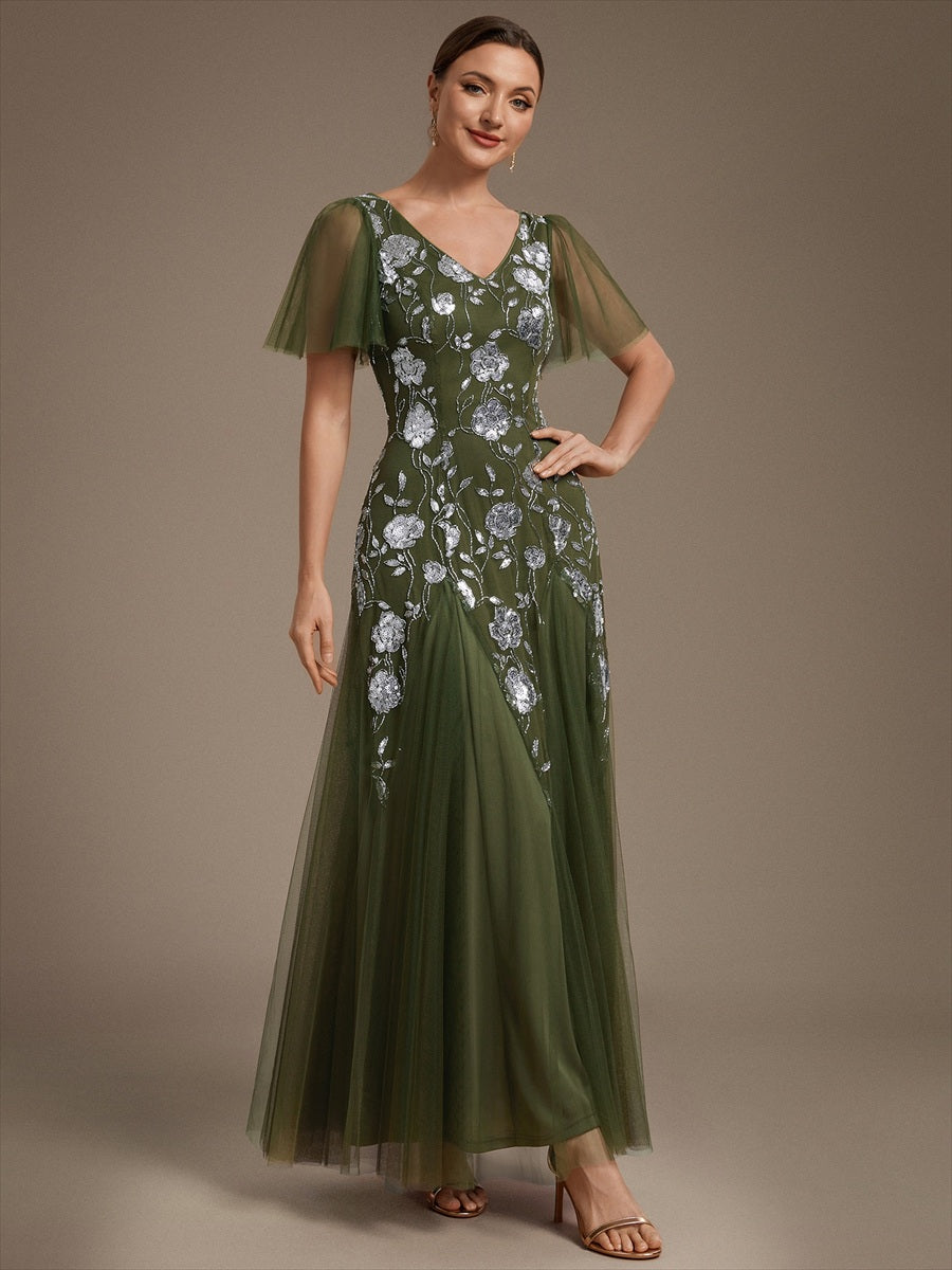 Bodenlanger V-Ausschnitt A-Linie Pailletten Kleid Mit Patchwork Und Funkelnden Details #Farbe_Olivgrün