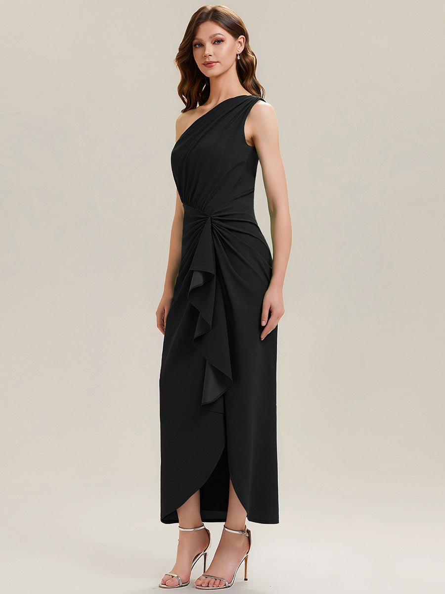Asymmetrisches Hoch-Tief Bodycon Kleid Aus Strick Mit Oberschenkel Hohem Schlitz Und Rüschendetails #Farbe_Schwarz