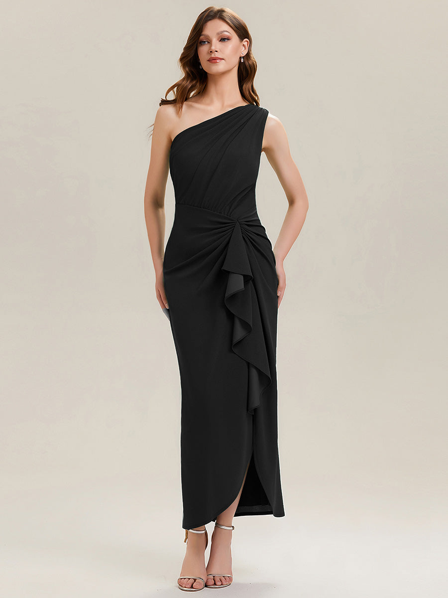 Asymmetrisches Hoch-Tief Bodycon Kleid Aus Strick Mit Oberschenkel Hohem Schlitz Und Rüschendetails #Farbe_Schwarz