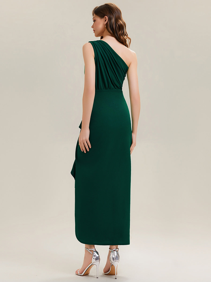 Asymmetrisches Hoch-Tief Bodycon Kleid Aus Strick Mit Oberschenkel Hohem Schlitz Und Rüschendetails #Farbe_Dunkelgrün