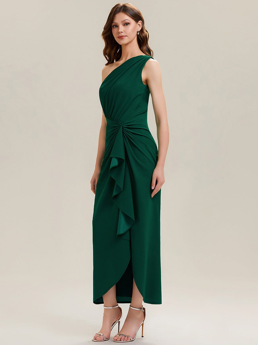 Asymmetrisches Hoch-Tief Bodycon Kleid Aus Strick Mit Oberschenkel Hohem Schlitz Und Rüschendetails #Farbe_Dunkelgrün
