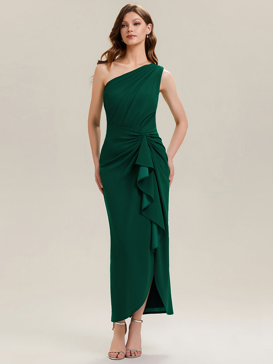 Asymmetrisches Hoch-Tief Bodycon Kleid Aus Strick Mit Oberschenkel Hohem Schlitz Und Rüschendetails #Farbe_Dunkelgrün