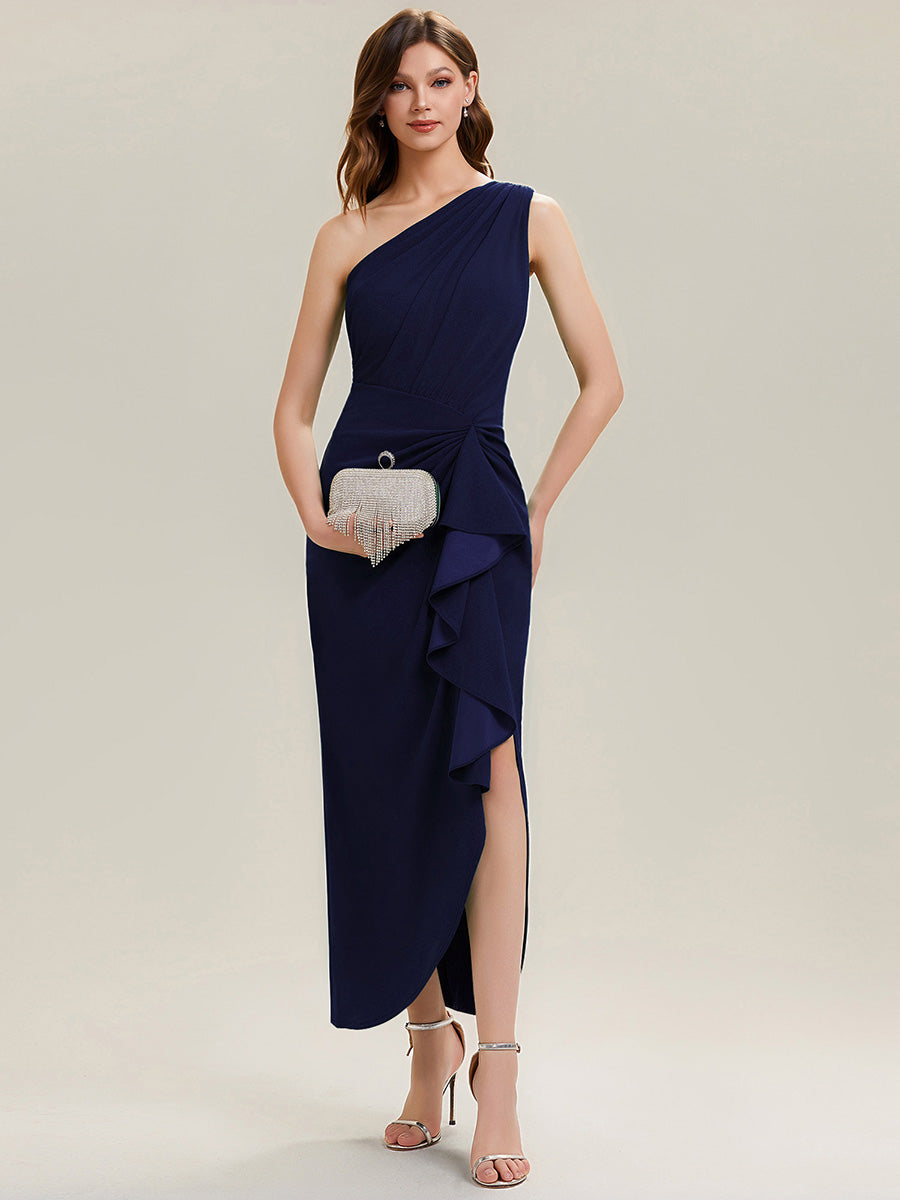 Asymmetrisches Hoch-Tief Bodycon Kleid Aus Strick Mit Oberschenkel Hohem Schlitz Und Rüschendetails #Farbe_Marineblau