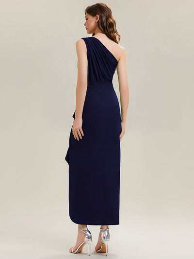Asymmetrisches Hoch-Tief Bodycon Kleid Aus Strick Mit Oberschenkel Hohem Schlitz Und Rüschendetails #Farbe_Marineblau