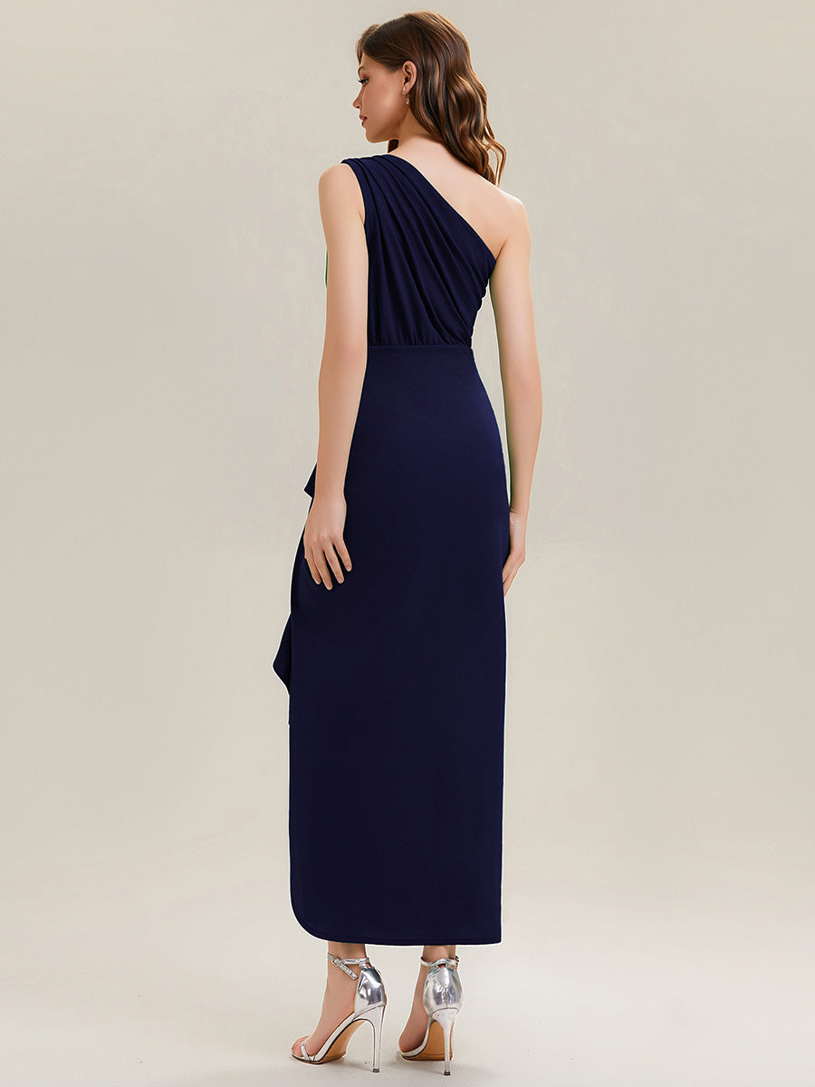 Asymmetrisches Hoch-Tief Bodycon Kleid Aus Strick Mit Oberschenkel Hohem Schlitz Und Rüschendetails #Farbe_Marineblau