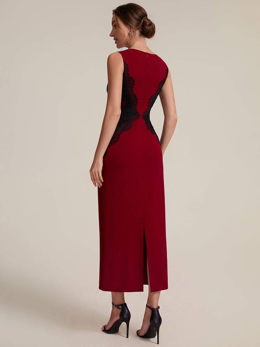 Plus Size Kn?chellang Sheath Kleid Rundhalsausschnitt Strick Cut-Out Details Moderner Look #Farbe_Dunkelrot