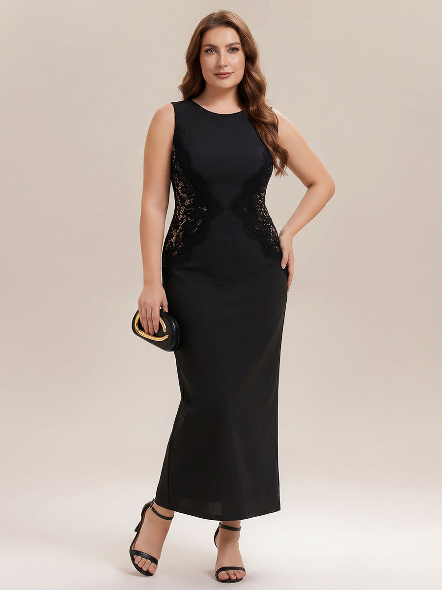 Plus Size Kn?chellang Sheath Kleid Rundhalsausschnitt Strick Cut-Out Details Moderner Look #Farbe_Schwarz