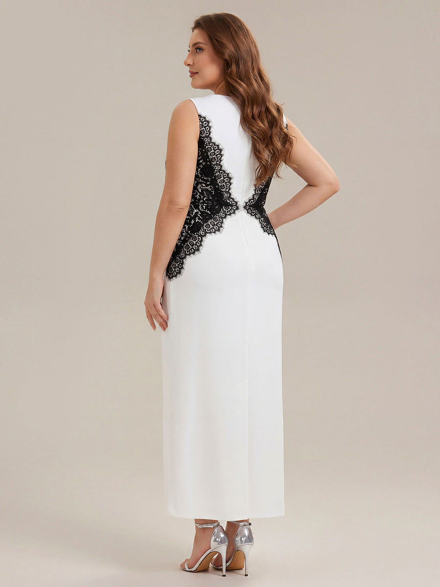 Plus Size Kn?chellang Sheath Kleid Rundhalsausschnitt Strick Cut-Out Details Moderner Look #Farbe_Elfenbein Schwarz