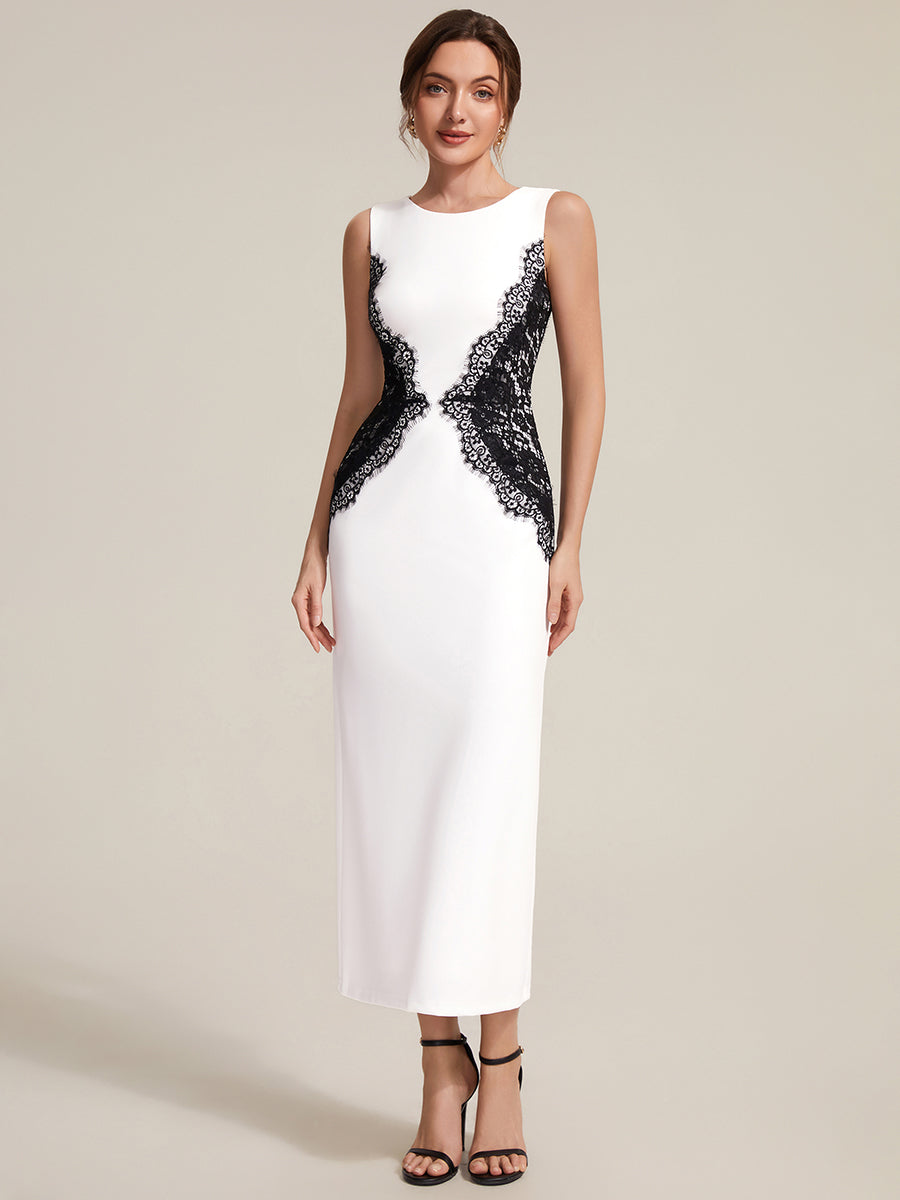 Plus Size Kn?chellang Sheath Kleid Rundhalsausschnitt Strick Cut-Out Details Moderner Look #Farbe_Elfenbein Schwarz