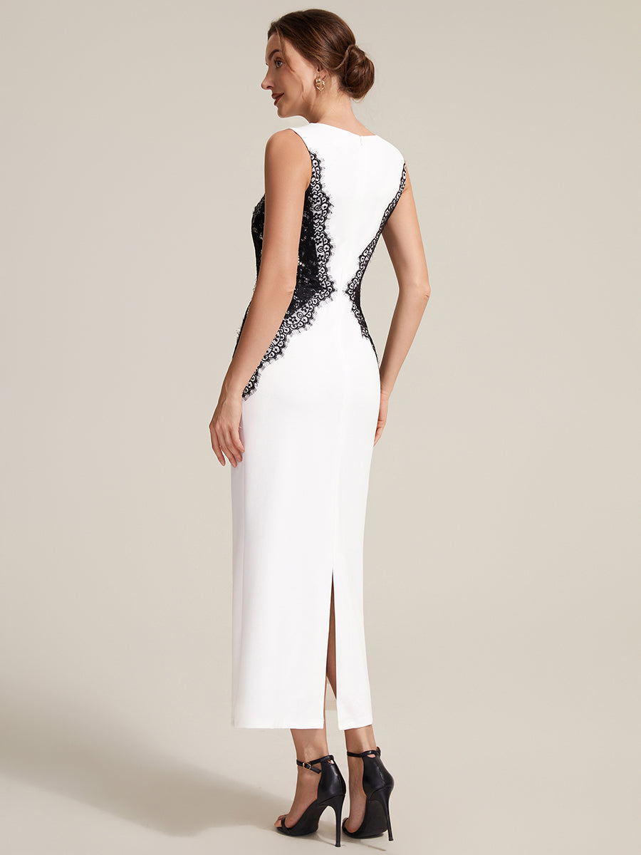 Plus Size Kn?chellang Sheath Kleid Rundhalsausschnitt Strick Cut-Out Details Moderner Look #Farbe_Elfenbein Schwarz