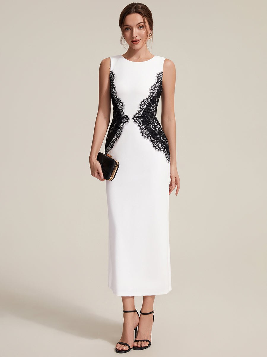 Plus Size Kn?chellang Sheath Kleid Rundhalsausschnitt Strick Cut-Out Details Moderner Look #Farbe_Elfenbein Schwarz