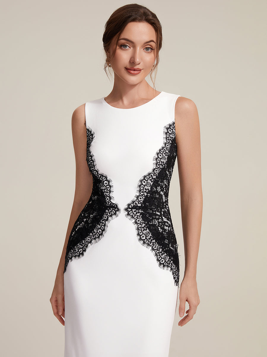 Plus Size Kn?chellang Sheath Kleid Rundhalsausschnitt Strick Cut-Out Details Moderner Look #Farbe_Elfenbein Schwarz